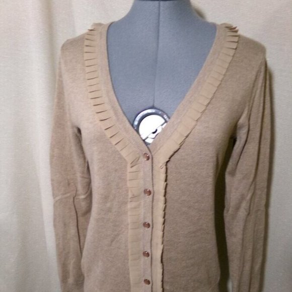 MERONA Cardigan sweater S Warm Brown Pleated V-neck ruffles Tight-knit Long slv - Picture 2 of 9